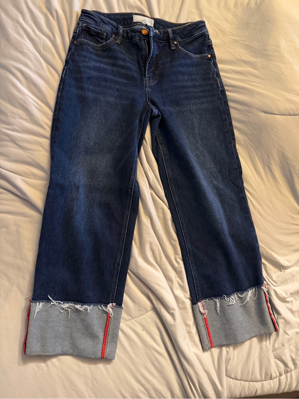 Women's Dark Blue Cropped Straight-Leg Jeans with Cuffed Hem